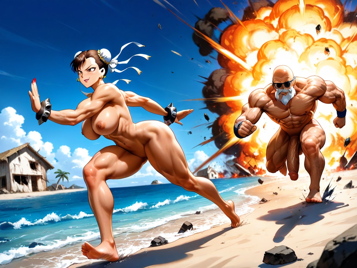 Male Has Excessive Muscles, Nuclear Explosion Behind Her Destroying Everything, Ultra Detailed 헨타이 AI 포르노