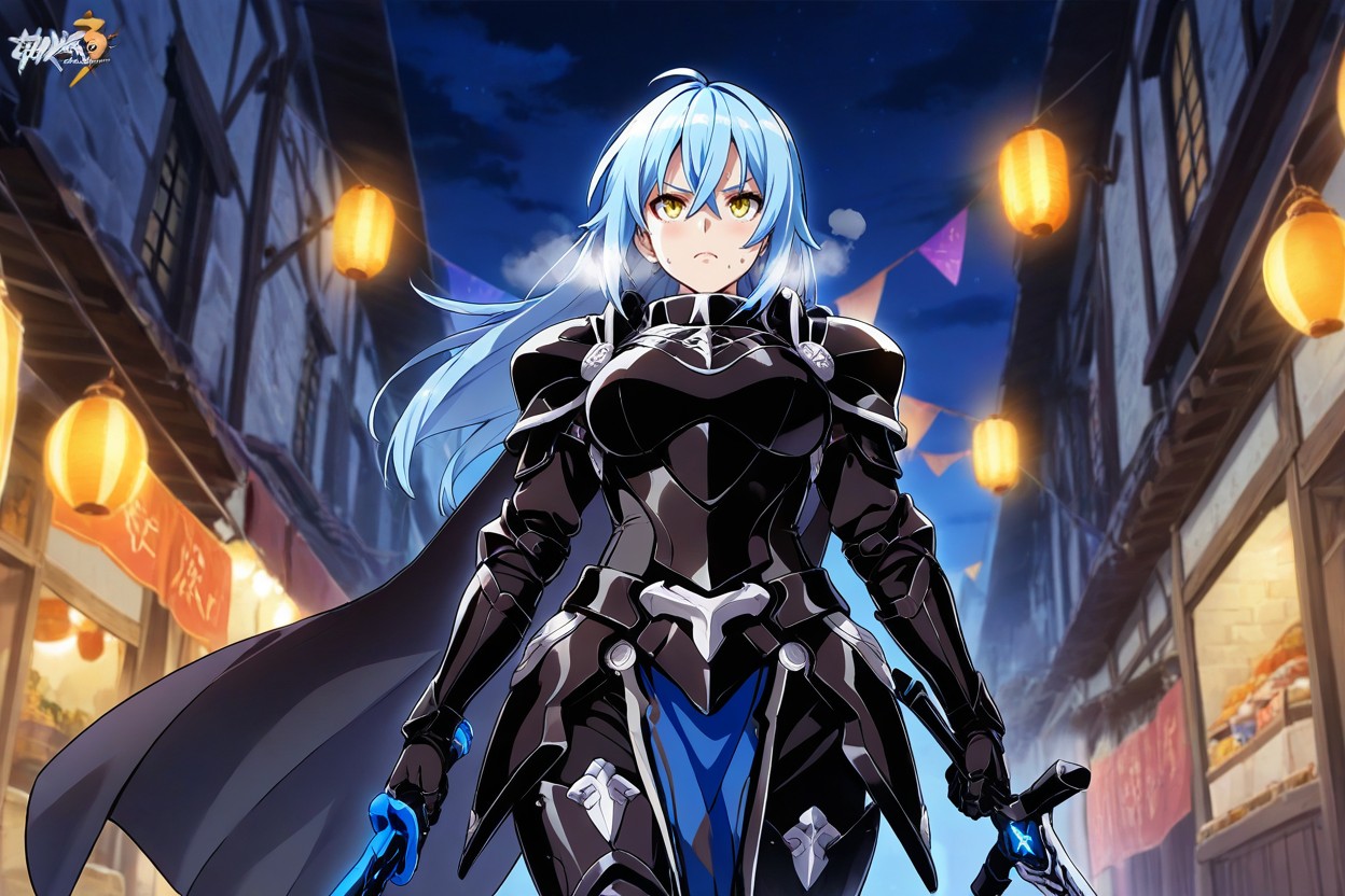 Female In Full Black Armor, Lively Market Atmosphere, Medieval Stone Buildings Hentai IA