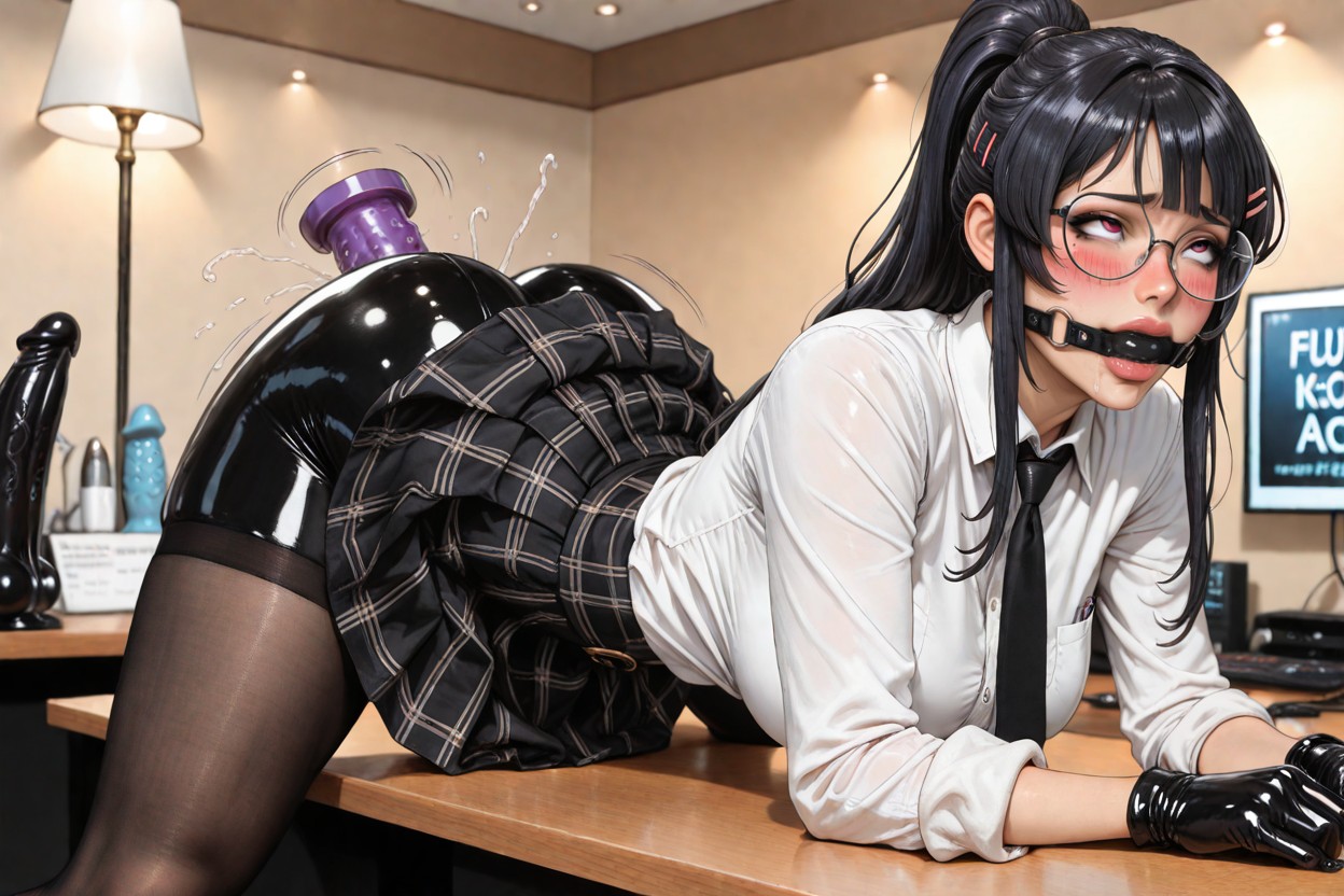 Round Silver Glasses, Cumming, Thigh-high Black Stockings With Glossy Tops Hentai AI Porn