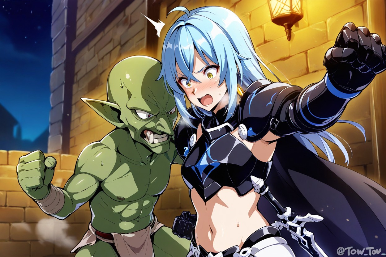 Ouside, Night, Female In Full Black Armor Hentai AI Porn