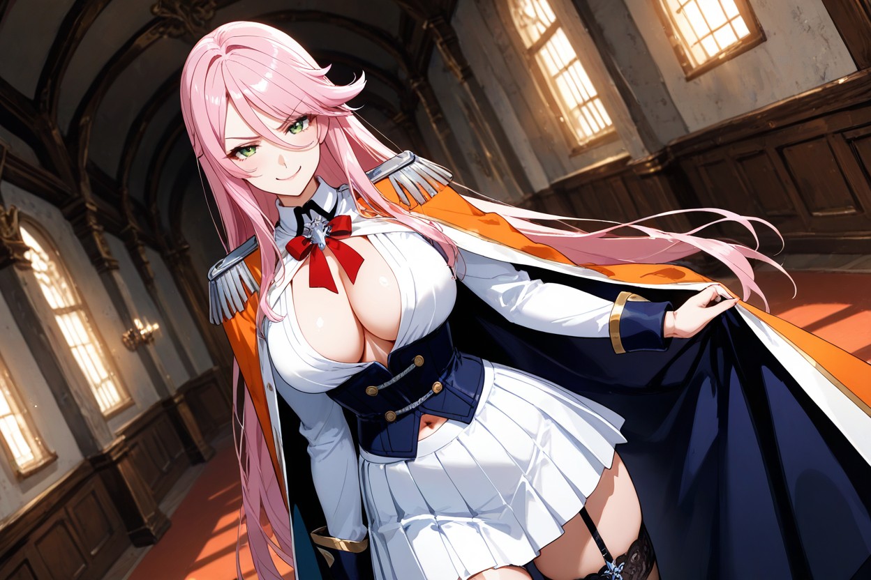 White Fantasy Military Uniform, Thigh-high Stockings, Large Rounded Breasts Hentai AI Porn