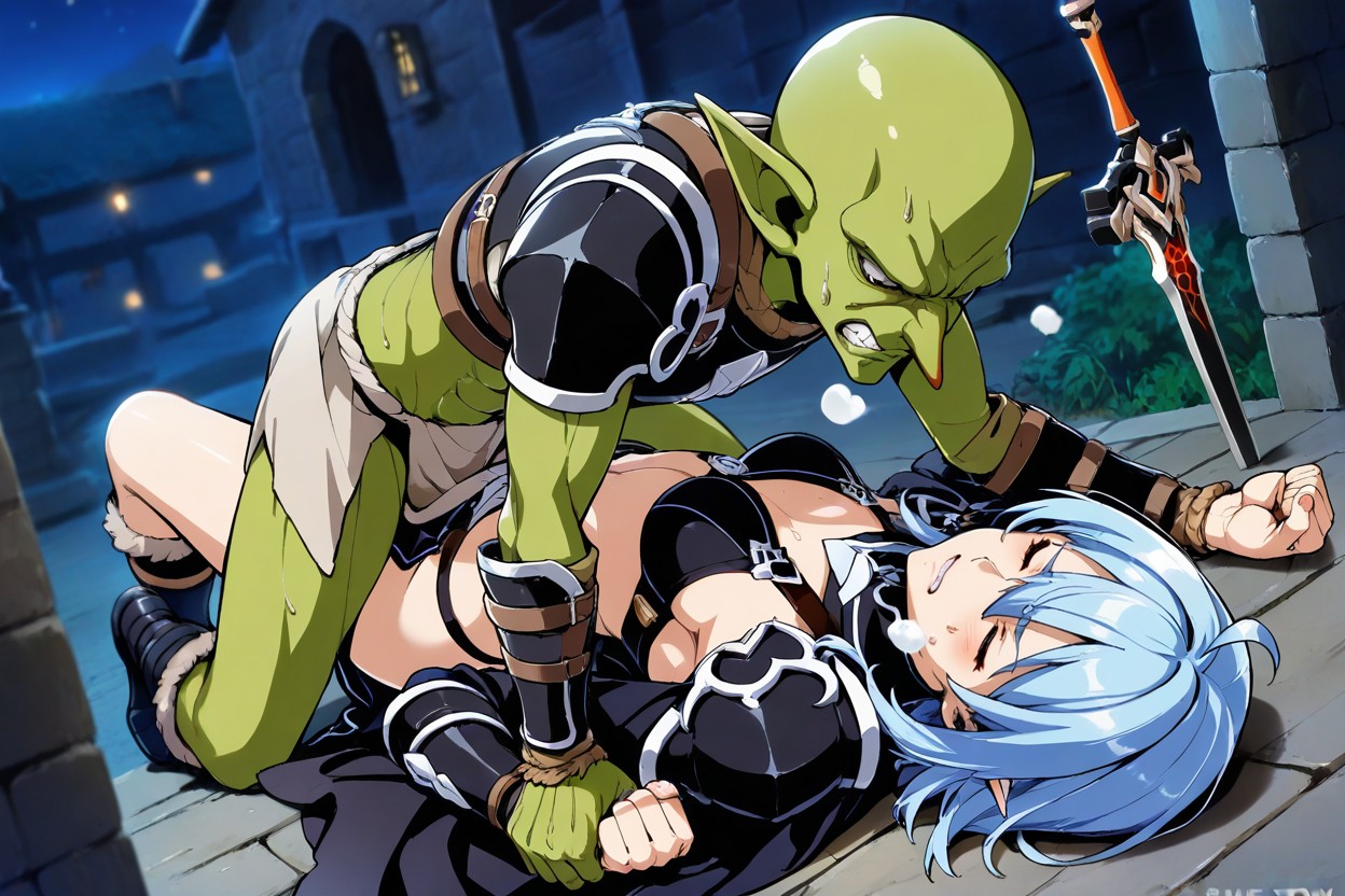 側面図, Epic Scene Of Fighting Bare-knucklefemale Lying On Back Goblin Keeps Female's Hand On Ground, Goblin Above Female ヘンタイAIポルノ
