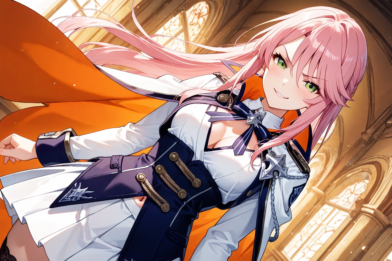 Soft Pinkish-orange Hue, White Fantasy Military Uniform, Black Inner Cape Hentai AI Porn