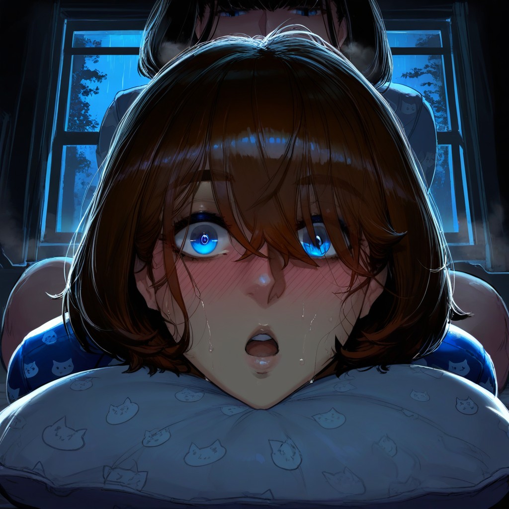 Kitty Pattern Blue Pajamas, Bangs, Eyes Covered By Hair Hentai AI Porn