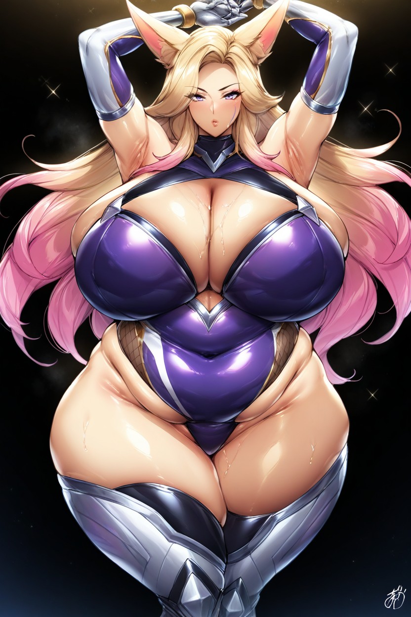 Hyper Fat Legs, Crossover Cosplay, Front View Standing Tall Crossing Legs Arms Up Above Head Hentai AI Porn