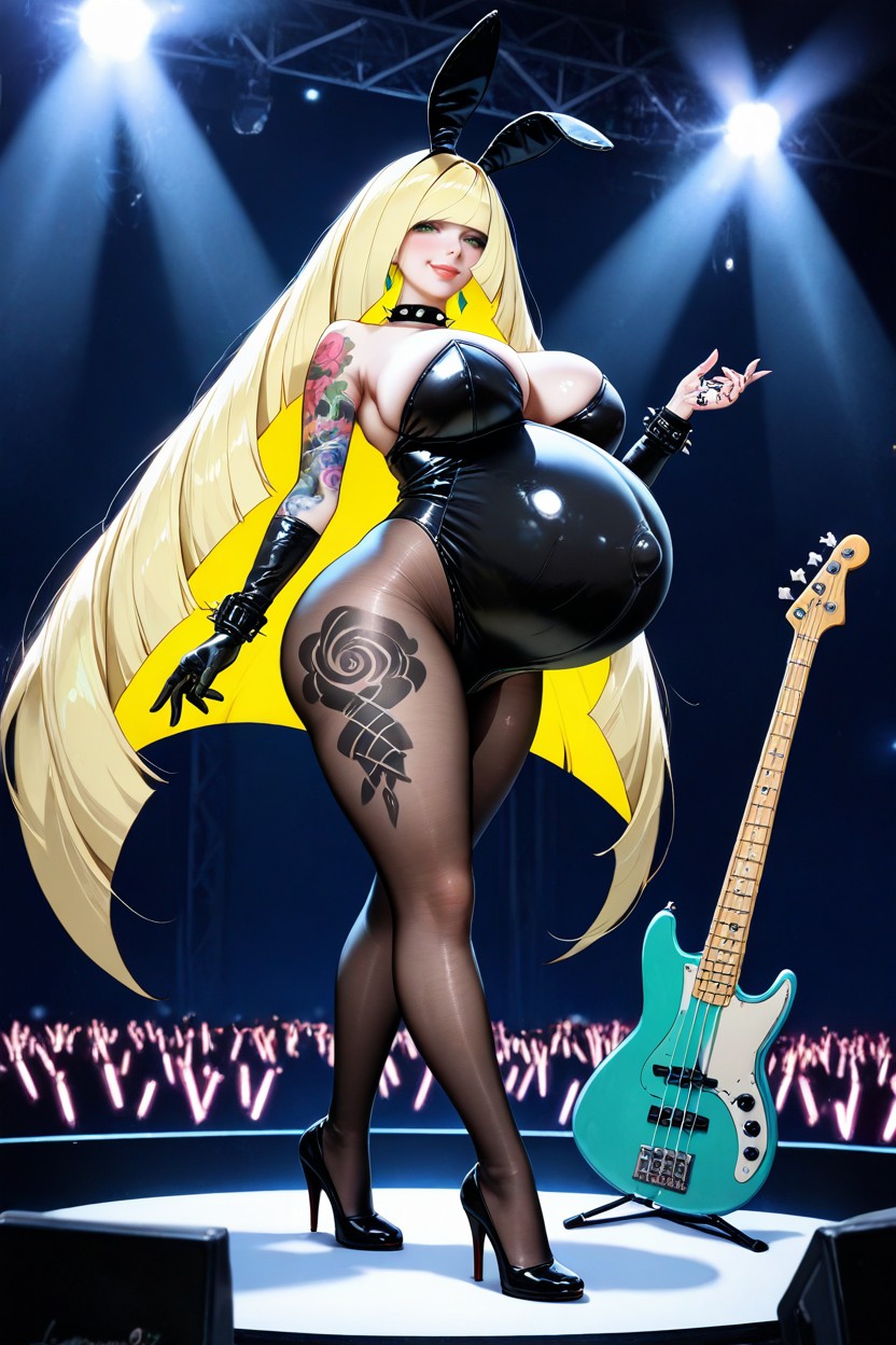 Smug Smile, Very Detailed Face, Holding Bass Guitar Hentai AI Porn