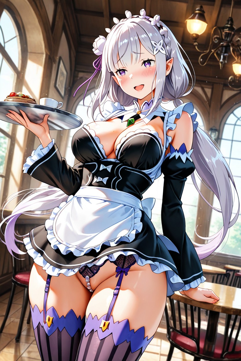 Jewelry Tight Pearl Thong, Maid Apron, Holding A Tray Hentai AI Porn