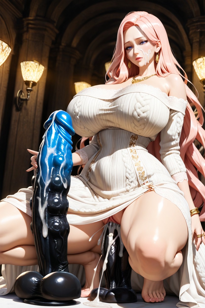Wearing White Corset Over Dress, Hyper Enormous Dildo, Wearing Off-shoulder Billowing Dress Hentai AI Porn