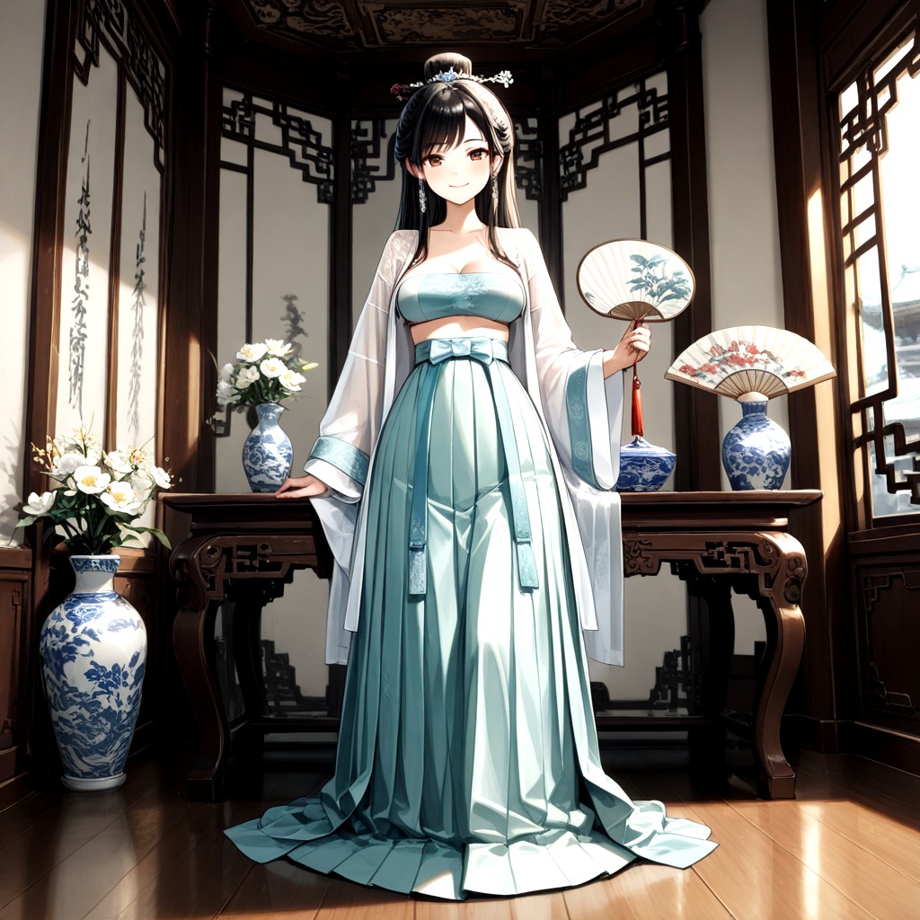 Song Dynasty Hanfu, Happy Smile, Holding A Traditional Round Silk Fan Hentai IA