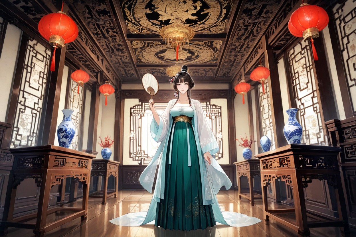 Sheer Silk Red Beizi Hanfu Coat, Delicate Flower Ornaments, Looking At Viewer Hentai AI Porn