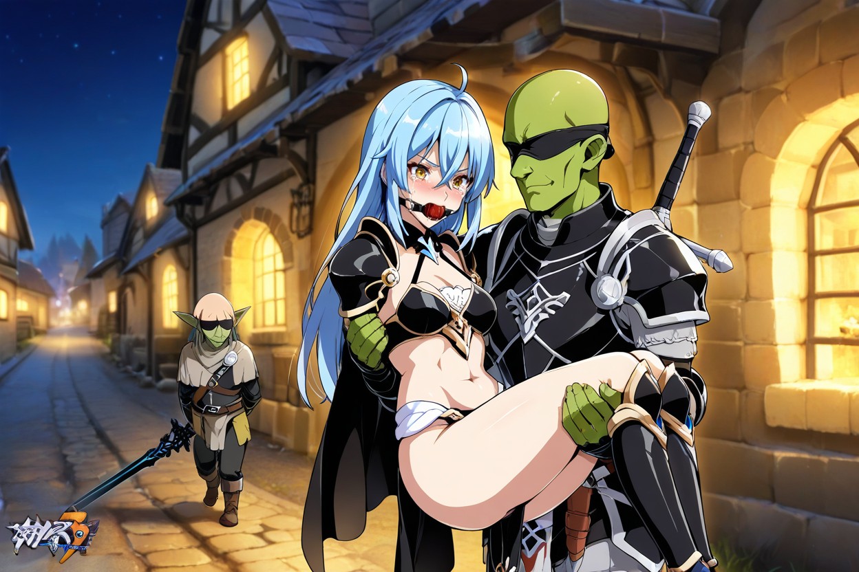 Outside, Arms Behind Back, Female Full Black Armor Hentai AI Porn