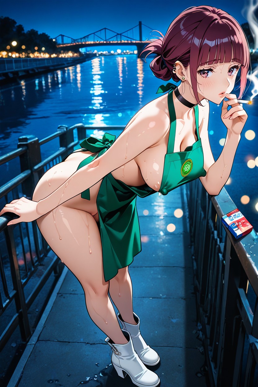 Facing River, Perky Nipple, Gold Ear Piercings Hentai IA
