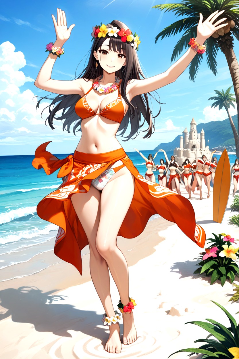 Ocean Waves, Hawaiian Hula Dancer, Many People Around Hentai AI Porn