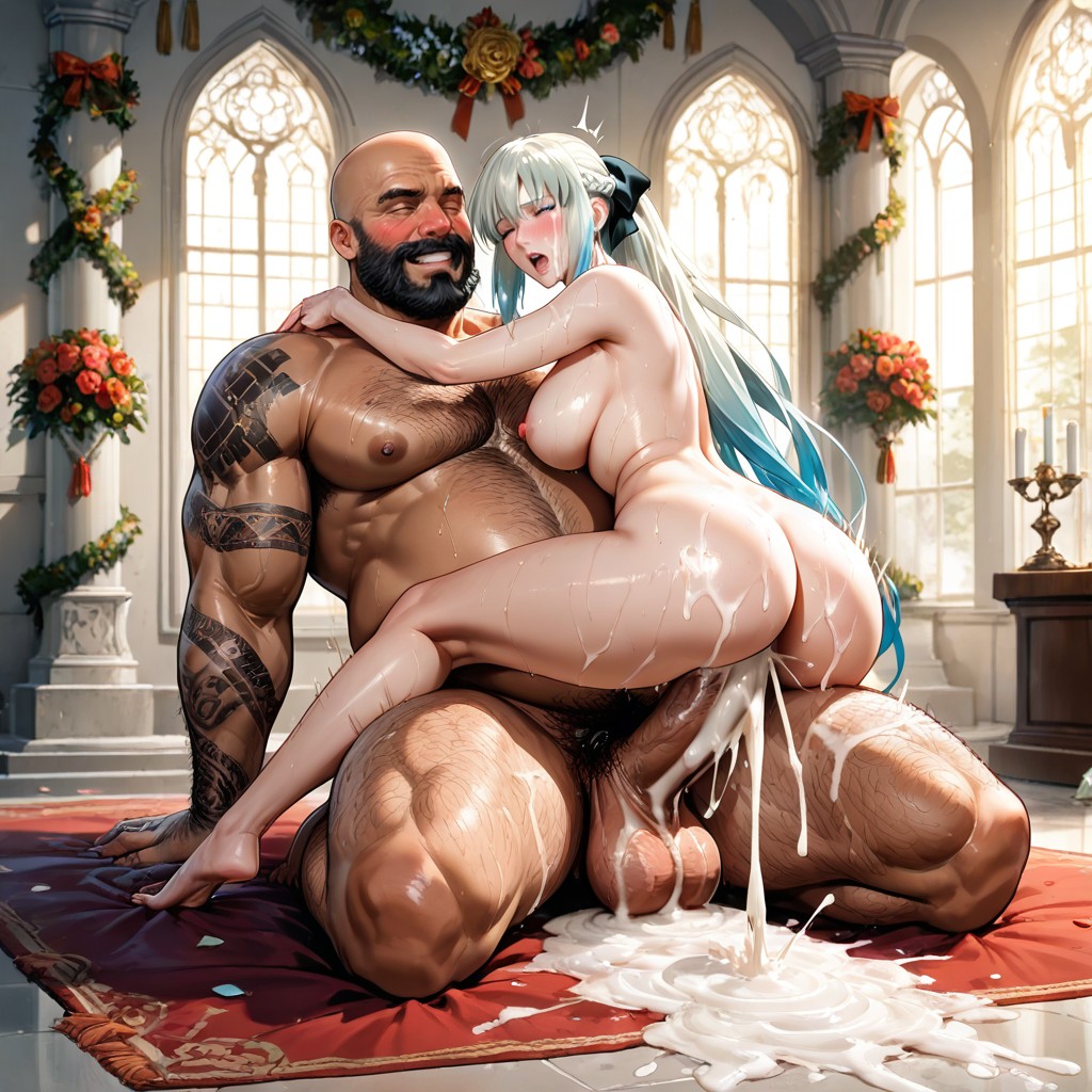 Woman Sitting On Man Dick, Large Cock, Gigantic Muscular Male Hentai AI Porn