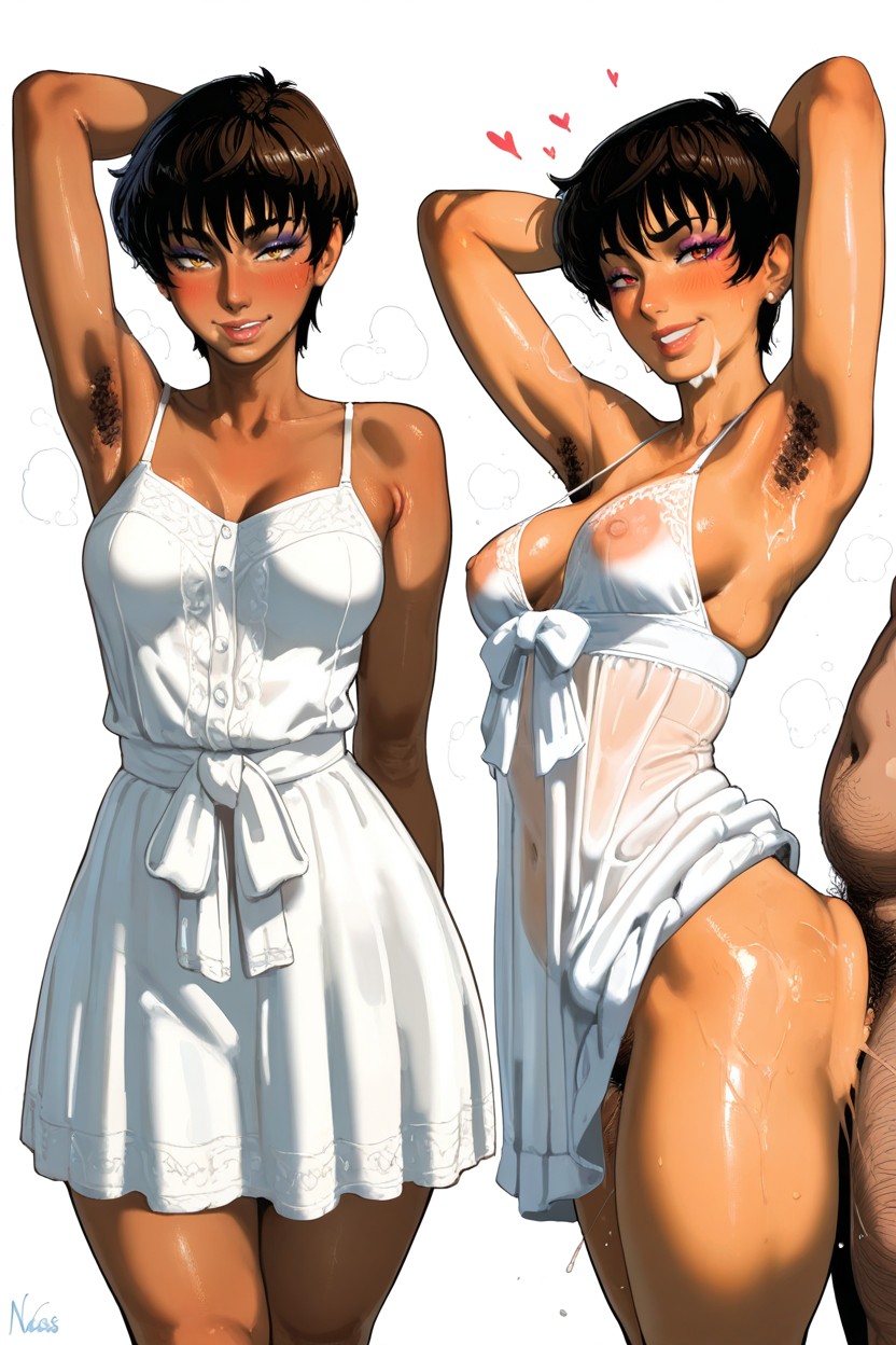 Mischievous (smiling While Blushing), Dark Brown Skin, Paired With A Matching White Satin Belt Tied In A Big Bow At The Waist Hentai AI Porn