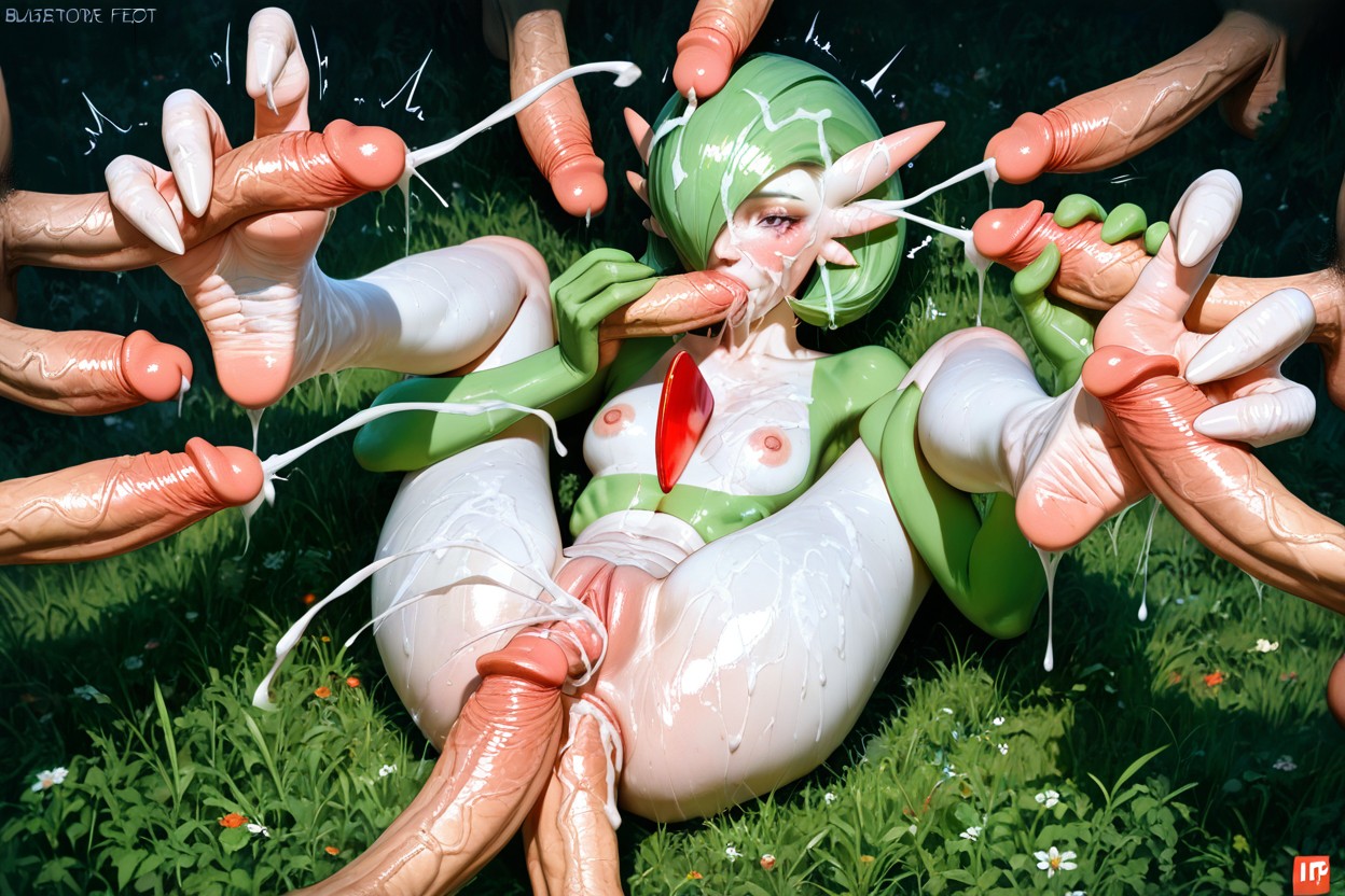 Detailed Eyes, Surrounded By Many Masturbating Cocks, Defined Collarbone Hentai AI Porn