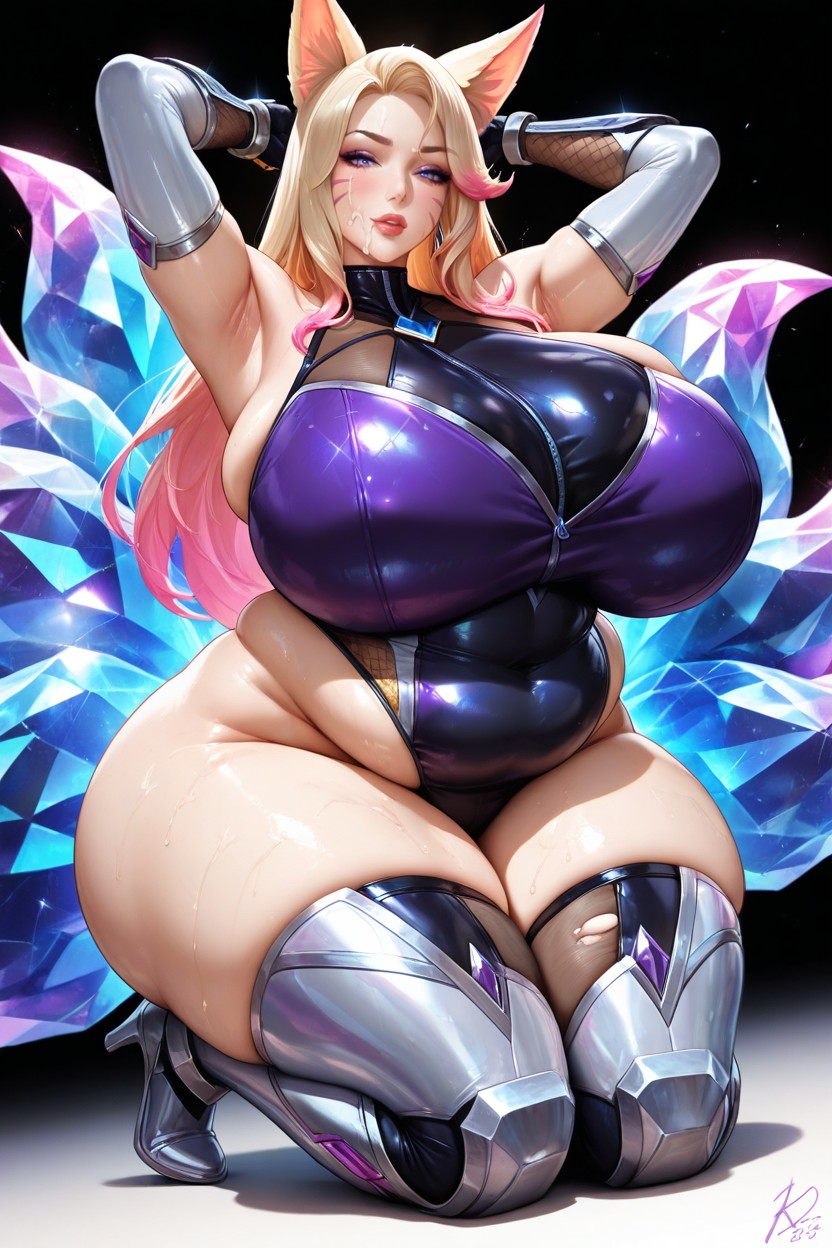 Highleg Kda League Of Legends Taimanin Leotard, Kda Ahri Signature Blonde Hairstyle, Bare Shoulders Hentai AI Porn