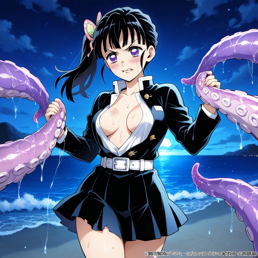 Biting Lip, Firm Tight Breasts, Tentacles Restrained Her Hentai AI Porn