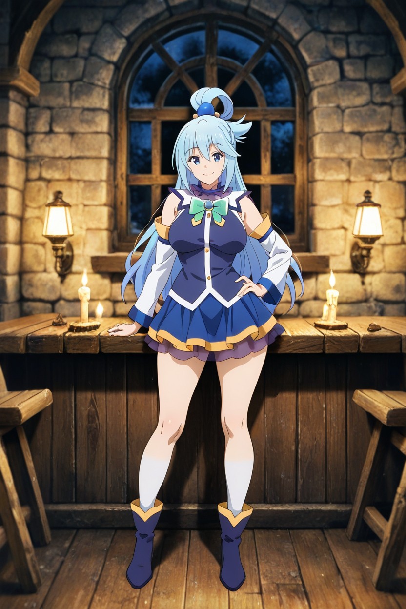 Anime Illustration, A Stone Fireplace, Soft Ambient Light From The Window And Interior Sources Composition Full-body Character Portrait Hentai AI Porn
