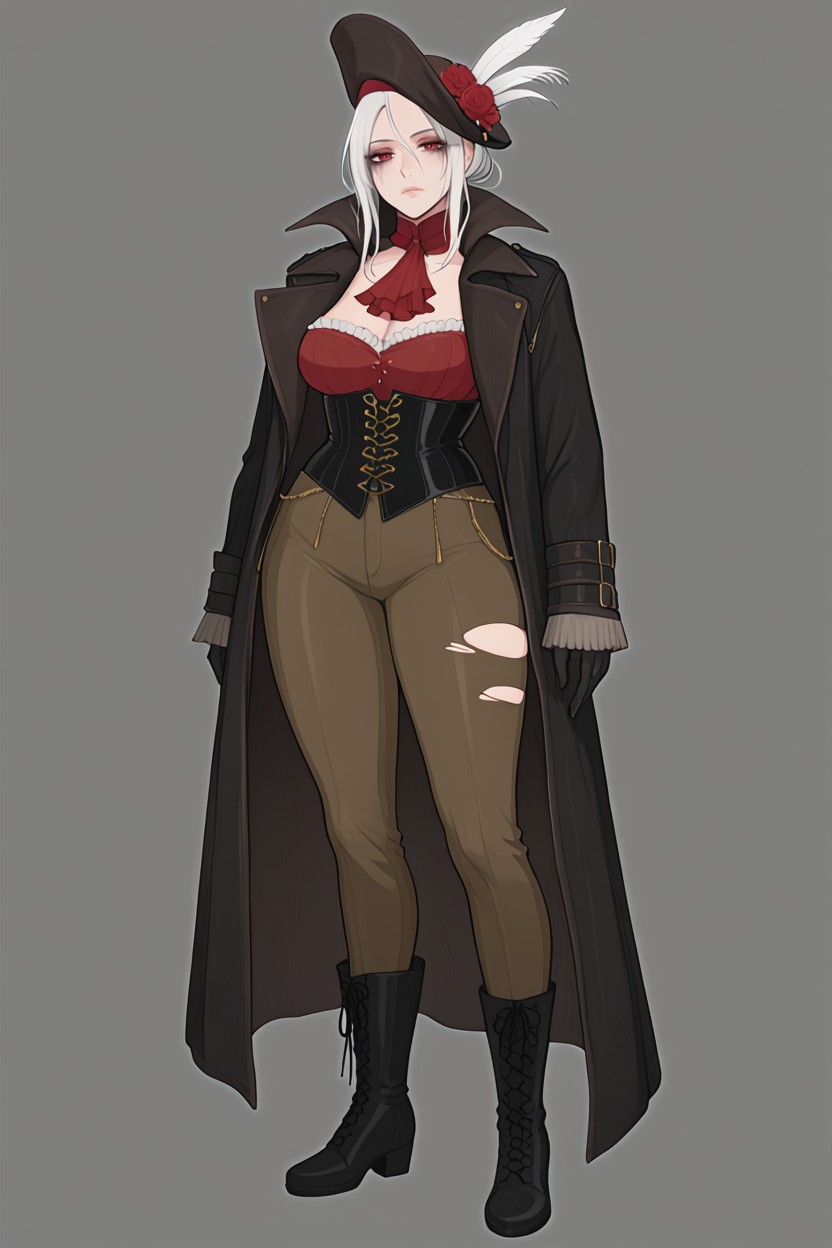 Coat Slightly Open At The Front, Character Sprite For Visual Novel, Long Straight White Hair Flowing Down Her Back Hentai IA