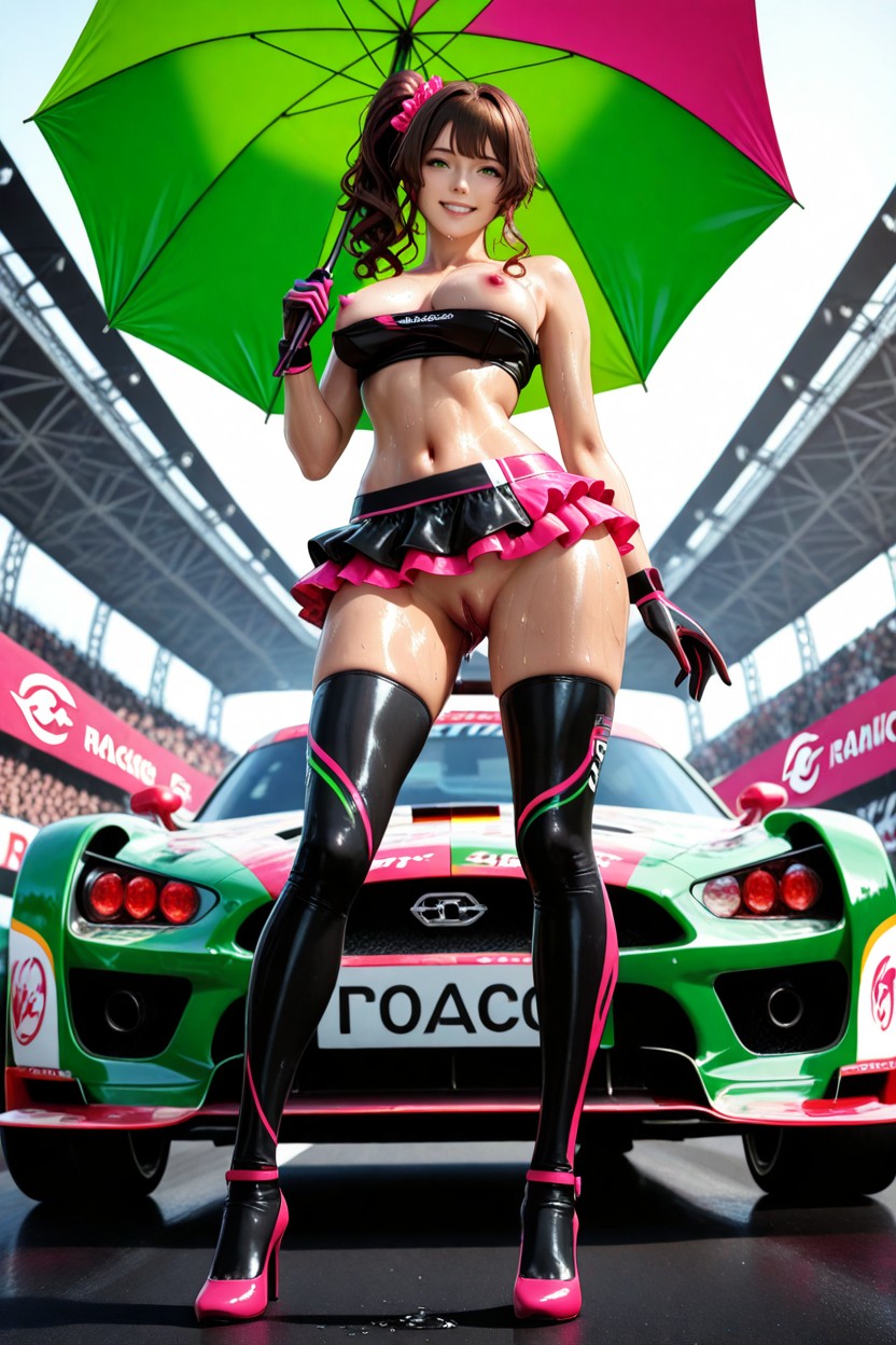 Tight Fitting Low Rise Frilly Skirt, Colorful Opened Umbrella On One Hand, Skinny Hentai AI Porn