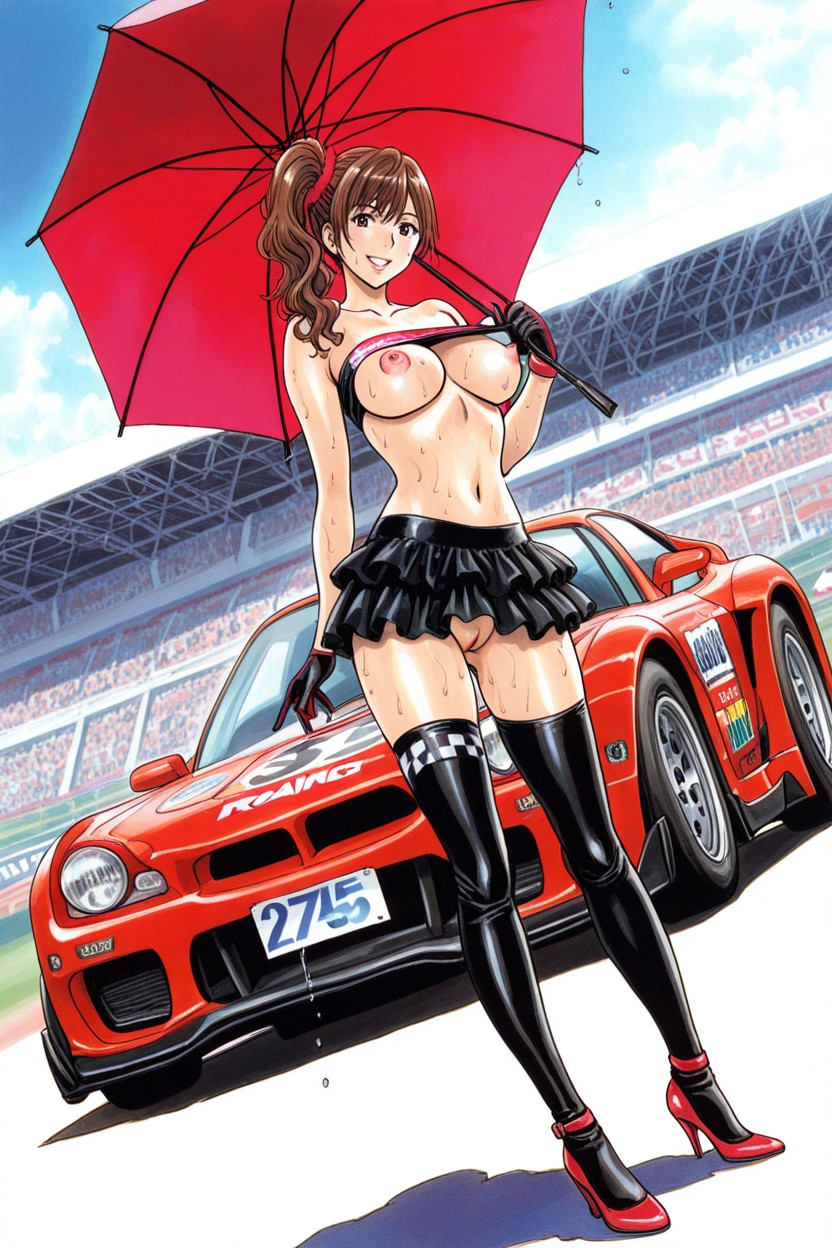 Aroused Pink Pussy Exposed, Next To Racing Car With Colorful Livery, Delgada Hentai IA