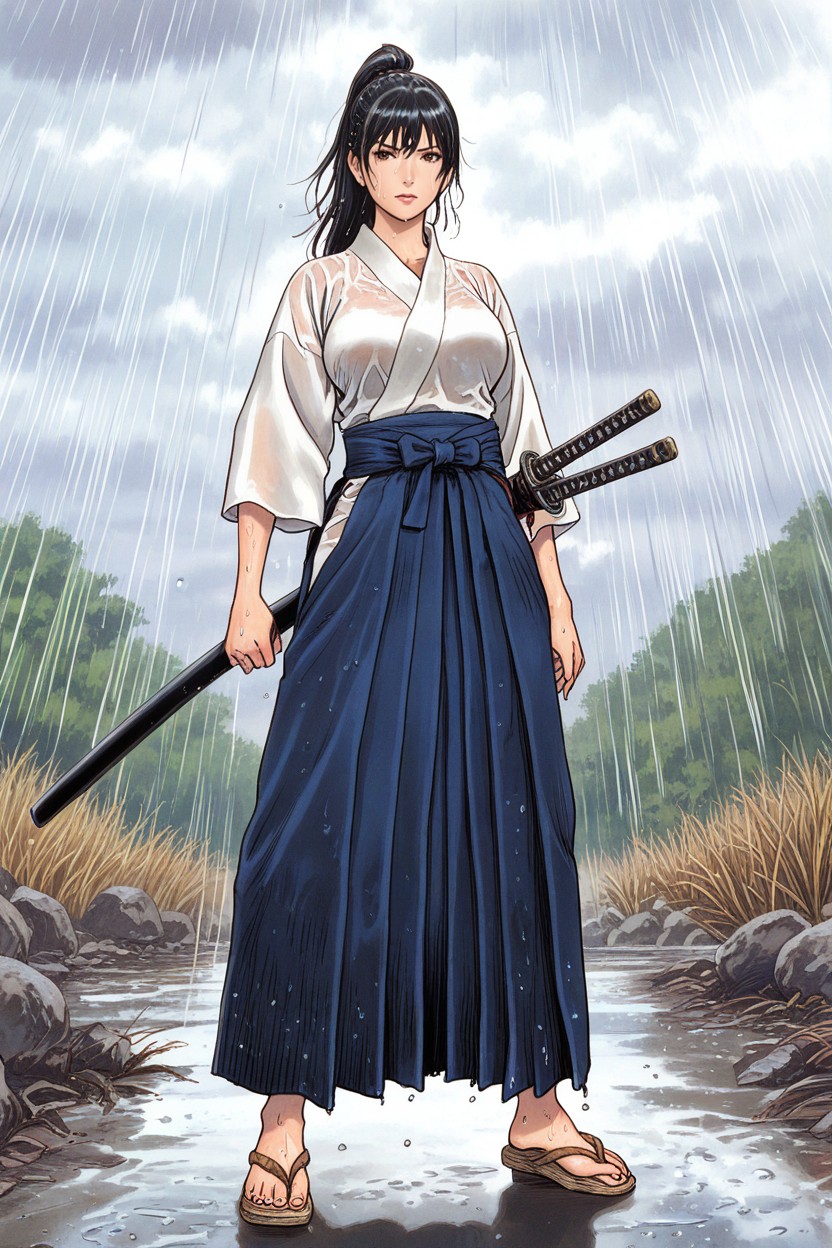 Blue Hakama, Rainy Day, Delgada Hentai IA