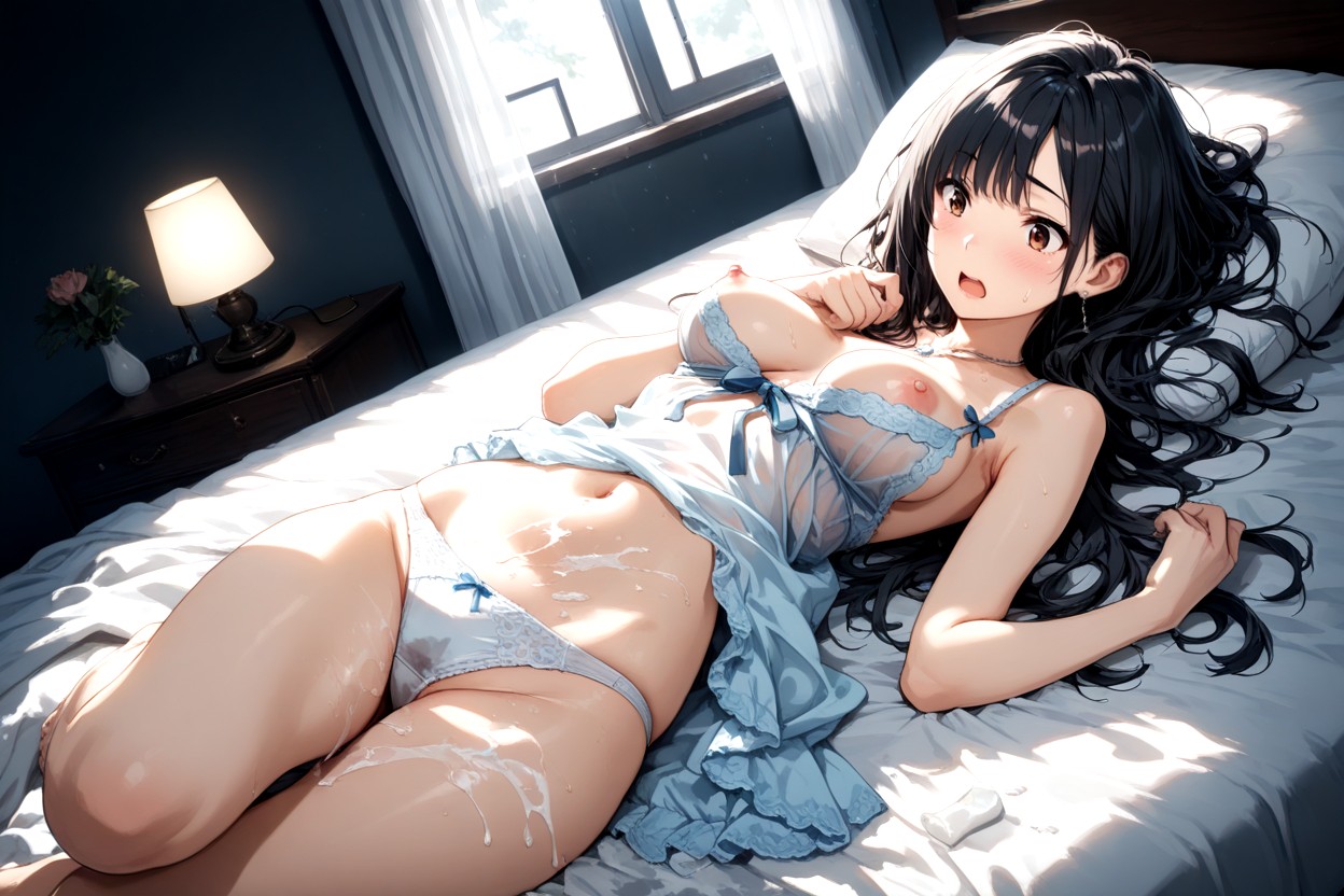 Bedside Lamp, Windows With Closed Curtains, Brown Eyes Hentai AI Porn
