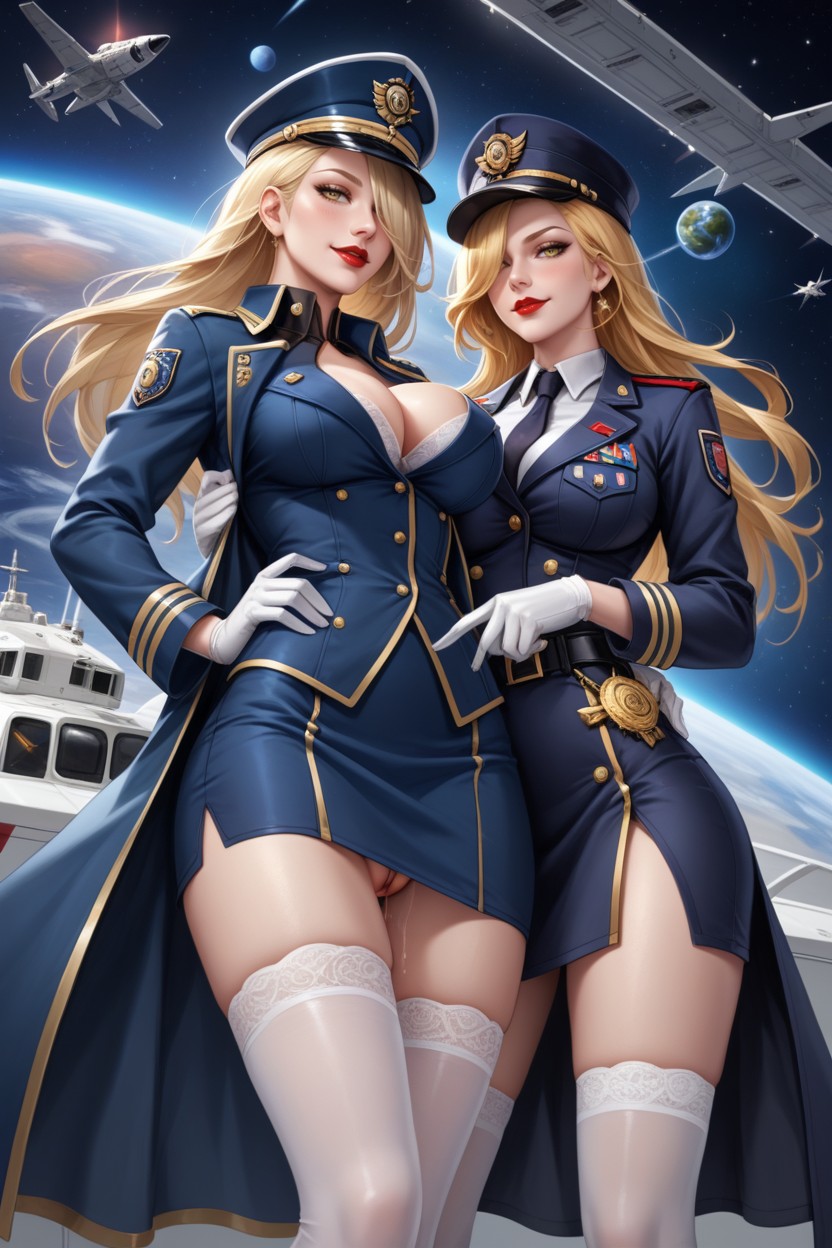 Military Jacket, Gold Trim Uniform, Two Women Hentai AI Porn