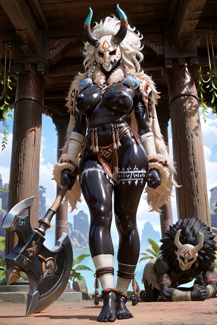 Braided Mane Feathers Or Bone Trophies, Medium Size Breast, 25+ Hentai AI Porn