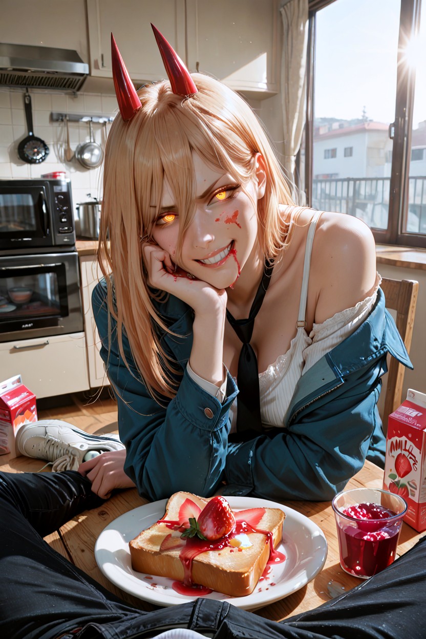 Power Sitting Across The Wooden Dining Table From The Viewer In Aki Hayakawa's Cozy Apartment Kitchen, 25+, K Hentai AI Porn