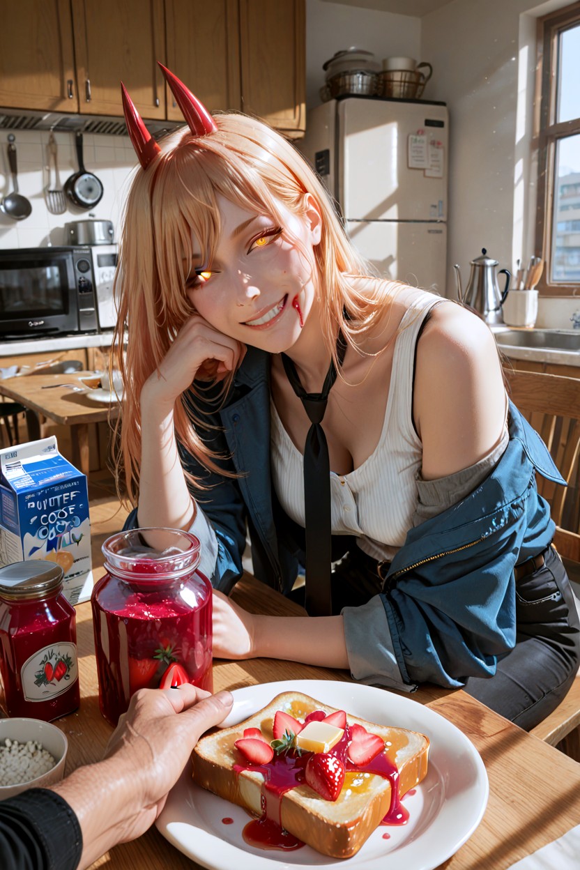 Highly Detailed Face, Authentic Character Personality, Holding A Thick Slice Of Toast Completely Covered With An Absurd Amount Of Bright Red Strawberry Jam Hentai IA