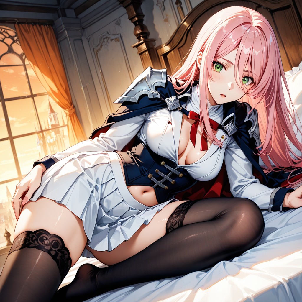 Legs Open, Burgundy Ruffled Sleeve Cuffs, Vista Frontal Hentai IA