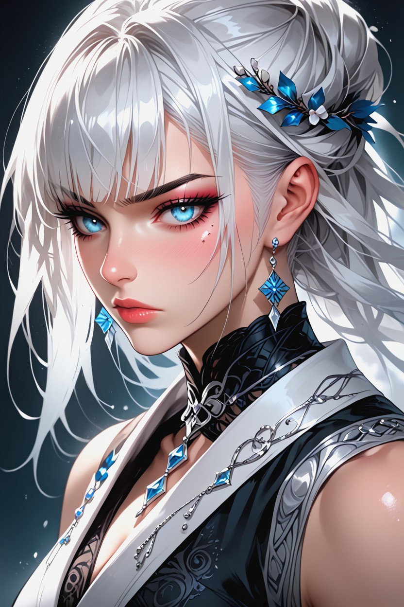 A Straight Nose With A Refined Bridge, Bangs, She Looks At The Viewer With A Calm Hentai AI Porn