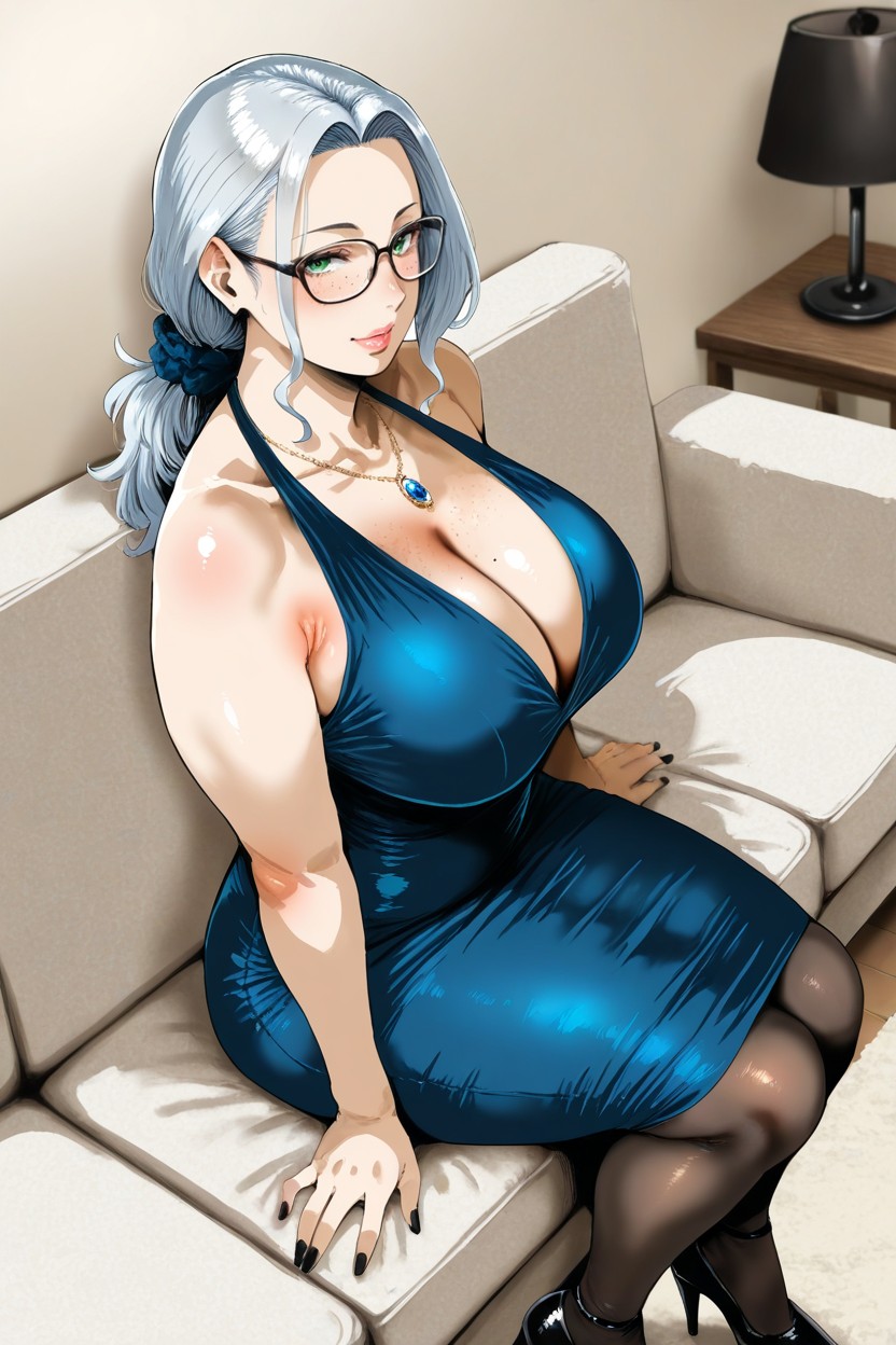 Thick Thighs, Green Eyes, Long Silver Hair Hentai IA
