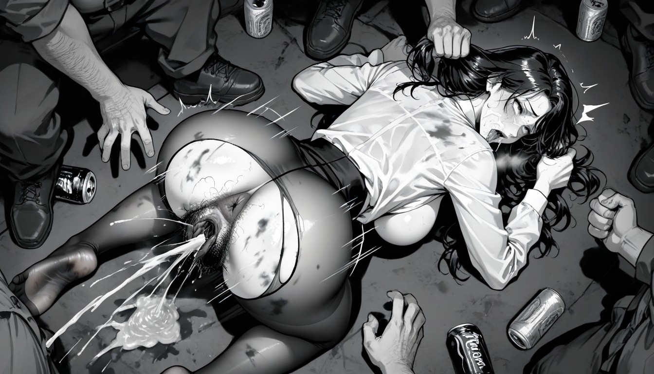 Medias Bajo Los Pantalones, Face And Breasts Completely Painted White With Cum, Selective Color Hentai IA