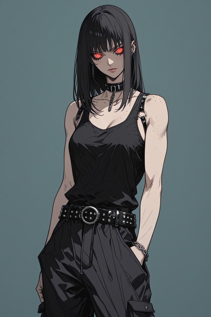 And Natural Movement Face-framing Strands Softly Fall Along Both Sides Of The Cheeks, Boyish Rock-inspired Outfit, Wispy Ends Hentai IA
