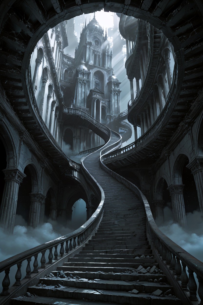 Surreal Infinite Staircase Architecture, Dim Pale Light Rays, Turning Sideways Hentai IA