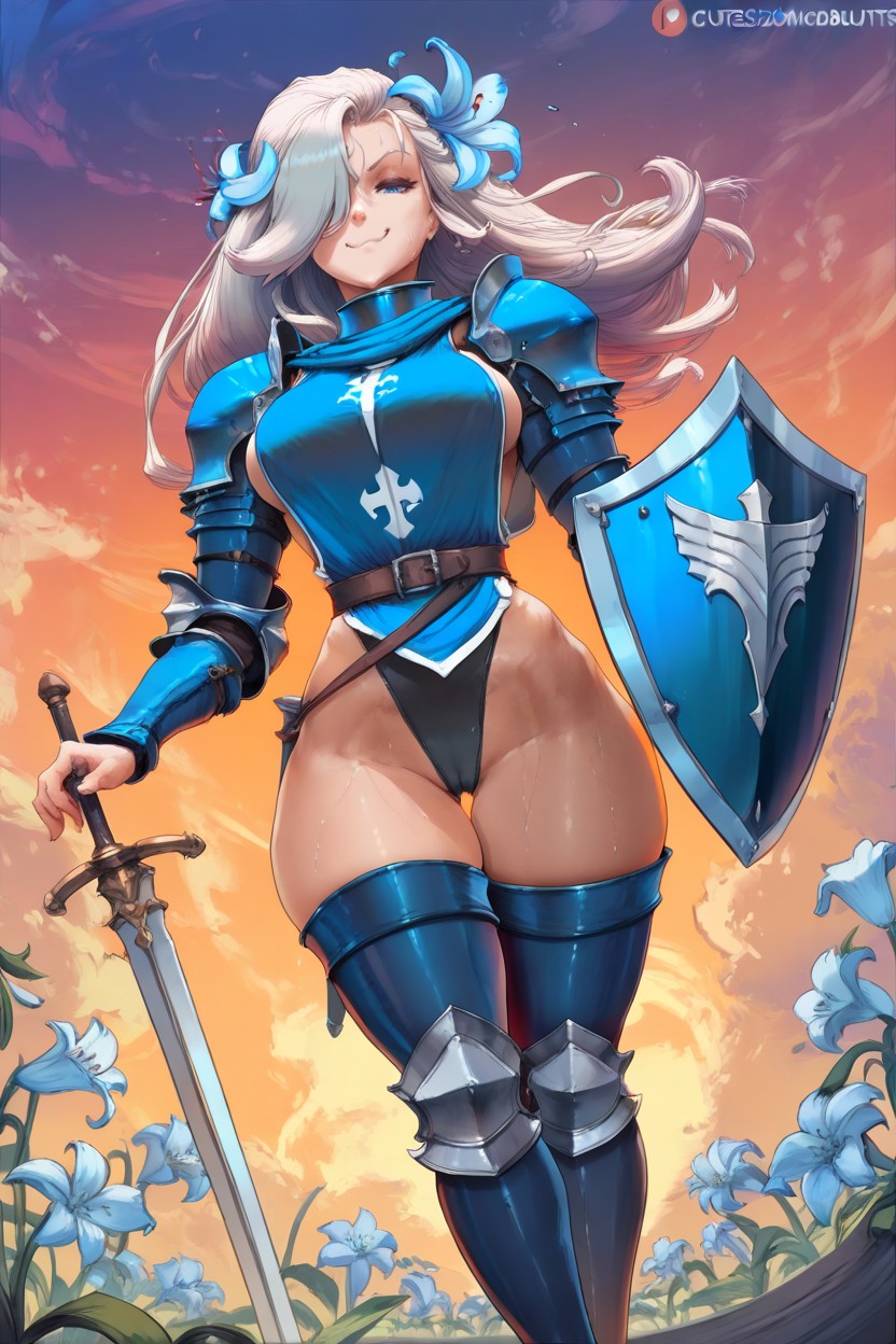 Blue Leather Thighhigh Boots, Shiny Skin, Hair Over One Eye Hentai AI Porn