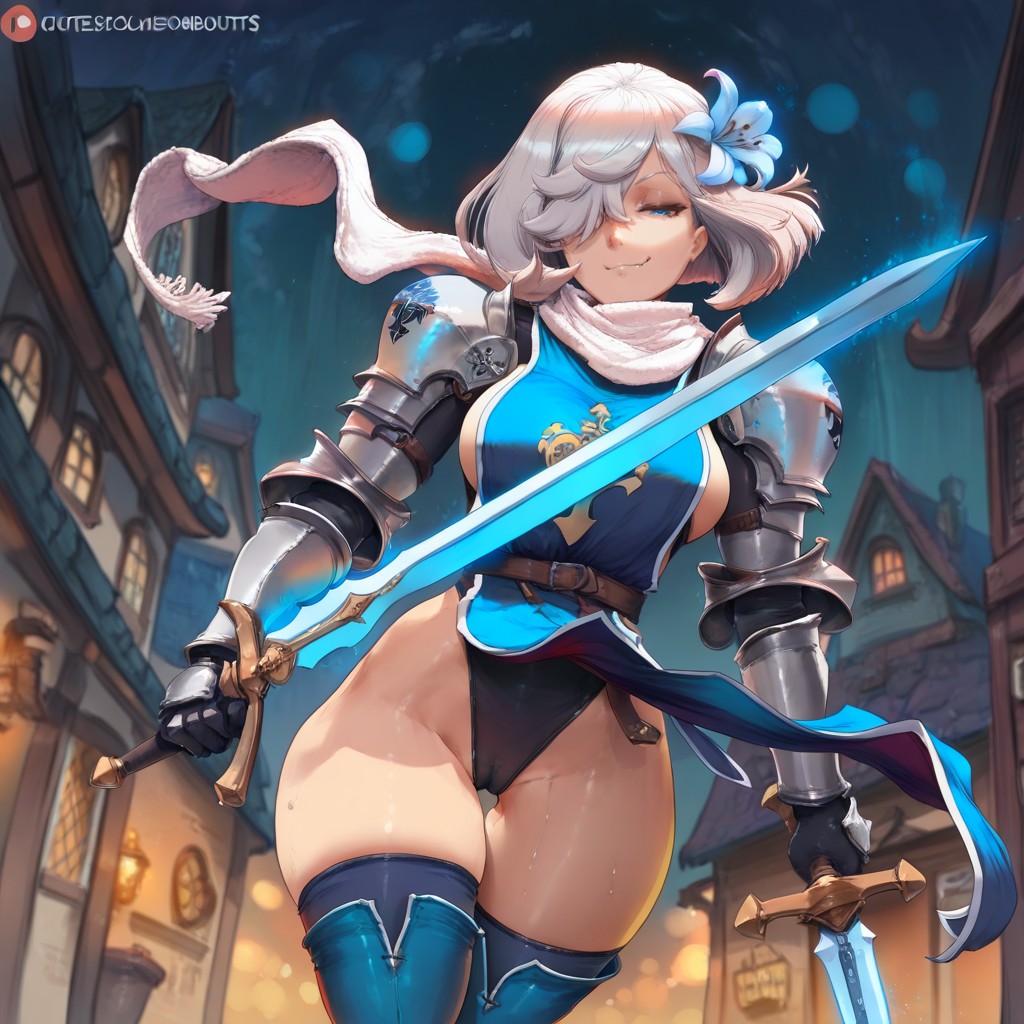 Blue Leather Thighhigh Boots, Thigh Gap, Wielding Sword With Two Hands Hentai AI Porn