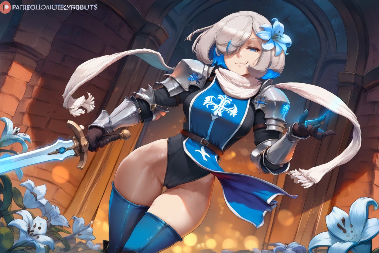 Swinging Her Sword, Cameltoe, Single Blue Lily In Hair Hentai AI Porn