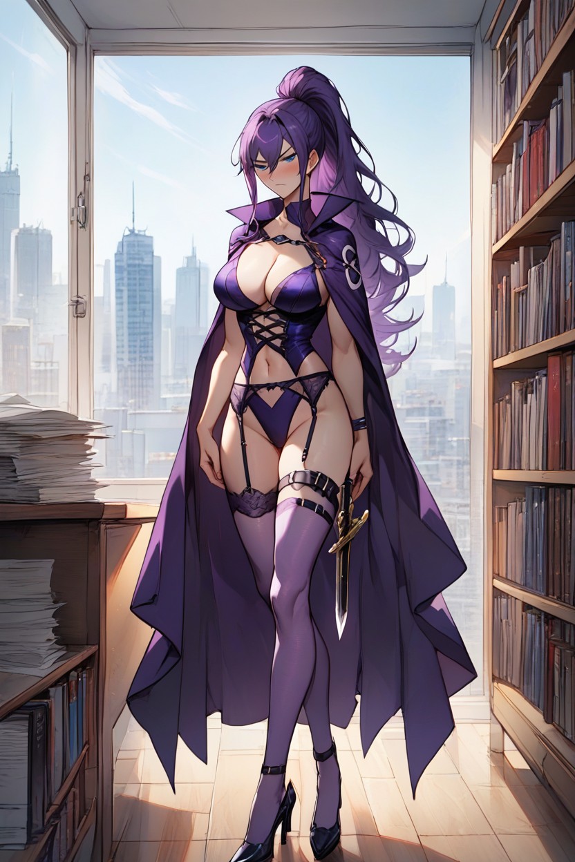 Blushing, Bookshelf To The Right, Lustful Stare Hentai AI Porn