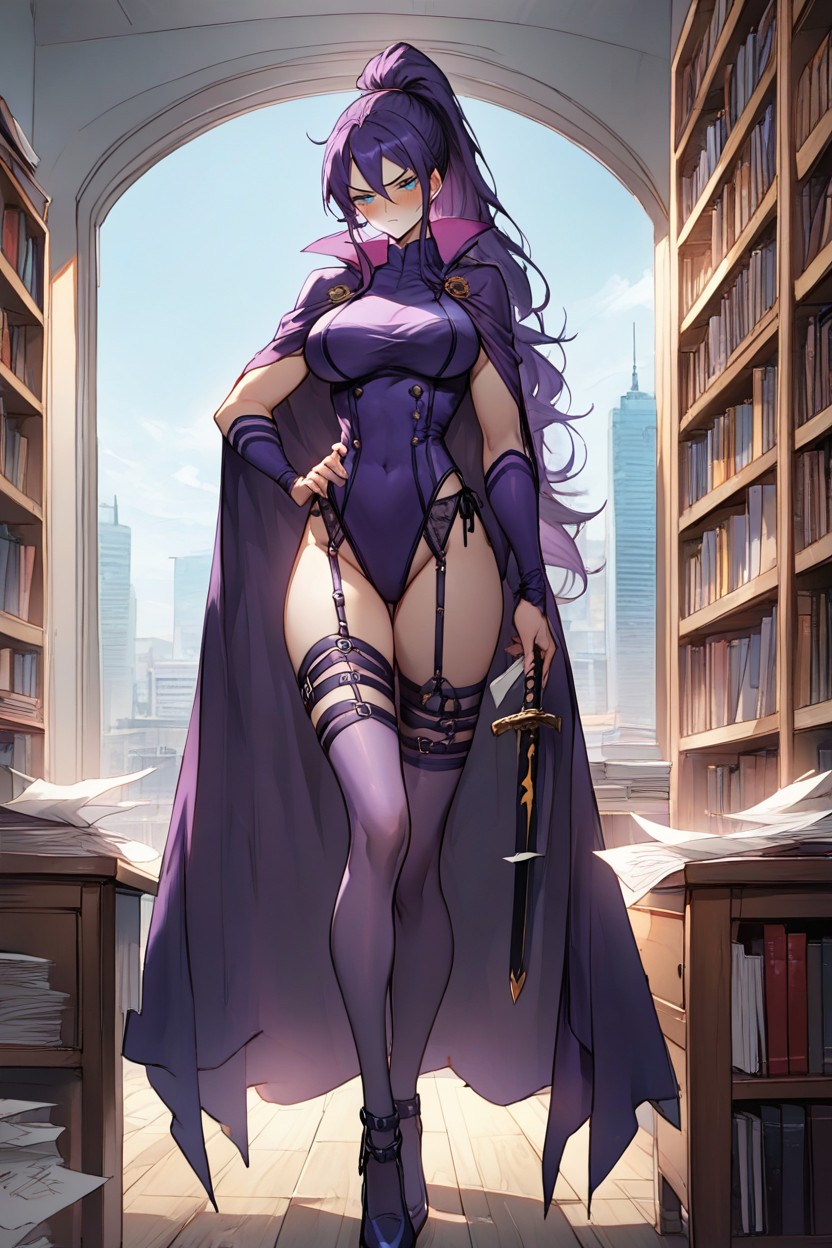 Purple Nylon Stockings With White Stripes, Garter Belt, Sword On Right Hip Hentai AI Porn