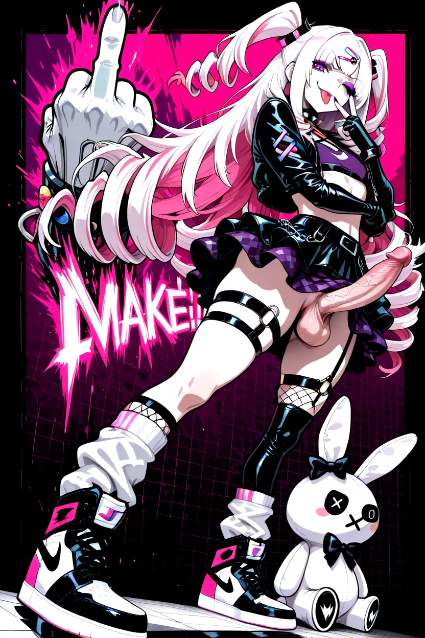 Delicate Physique, Completely Open Jacket, Dynamic Brush Strokes Black And Pink Highlights Monochrome Background With Splashes Of Color Hentai IA