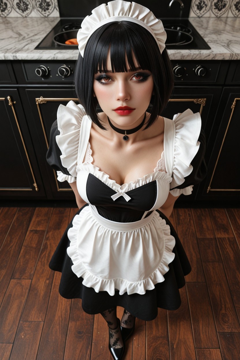 Arms Behind Back, Black Floral Pantyhose, Puff Sleeves Hentai AI Porn
