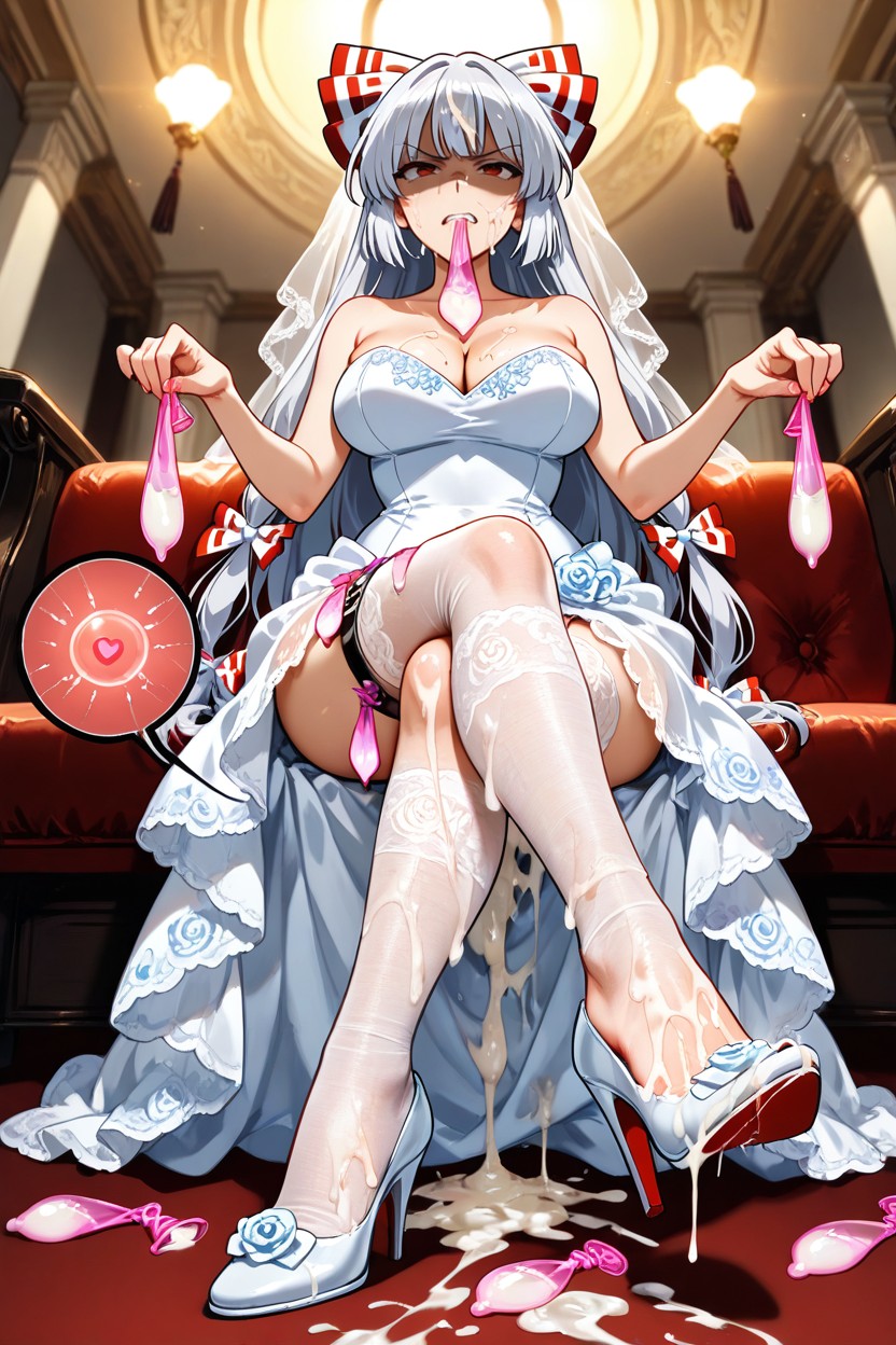 Floral Embroidered Wedding Dress With Lace Stockings And White Heels, Legs Crossed, Cum On Hair Hentai IA