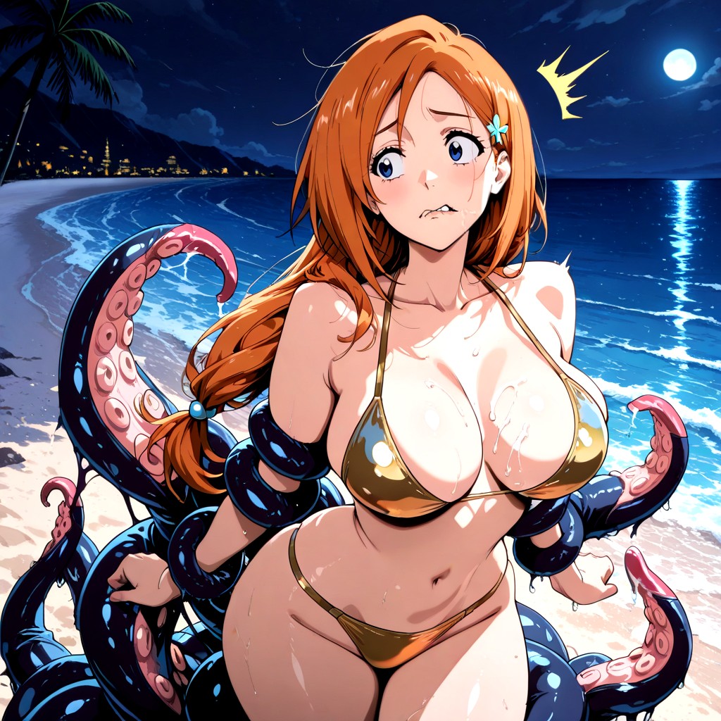 Naval And Waist Exposed, Orihime Inoue Hair Clip, Cuerpo Liso Hentai IA