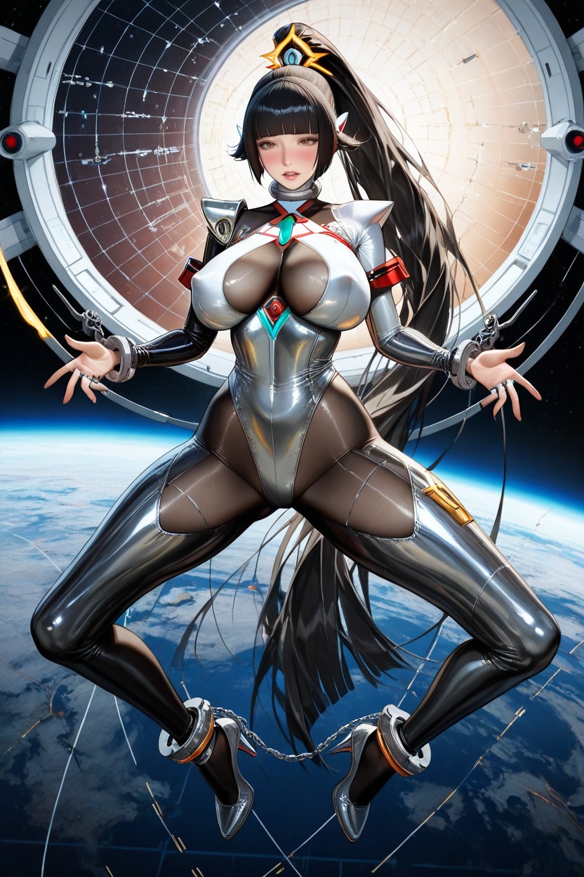 Metal Grey Wrist Handcuff & Ankle Bands, Full Body View, Massive Eyes Hentai AI Porn