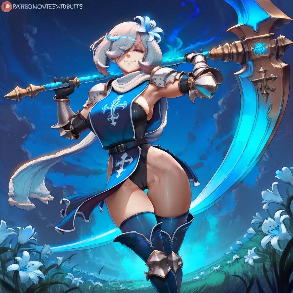 Hair Over One Eye, Blue White Glowing, Blue Leather Thighhigh Boots Hentai AI Porn