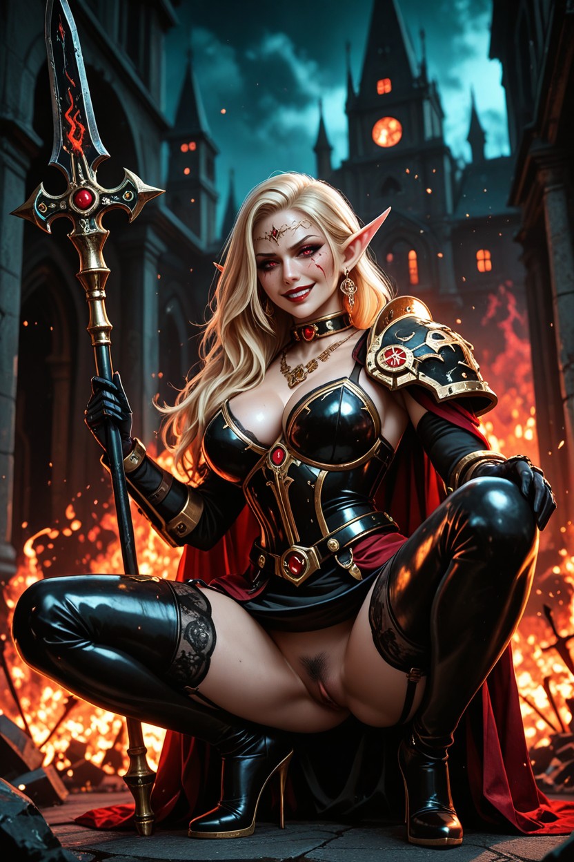 Holding Spear, Flames And Stones, Armor Hentai AI Porn